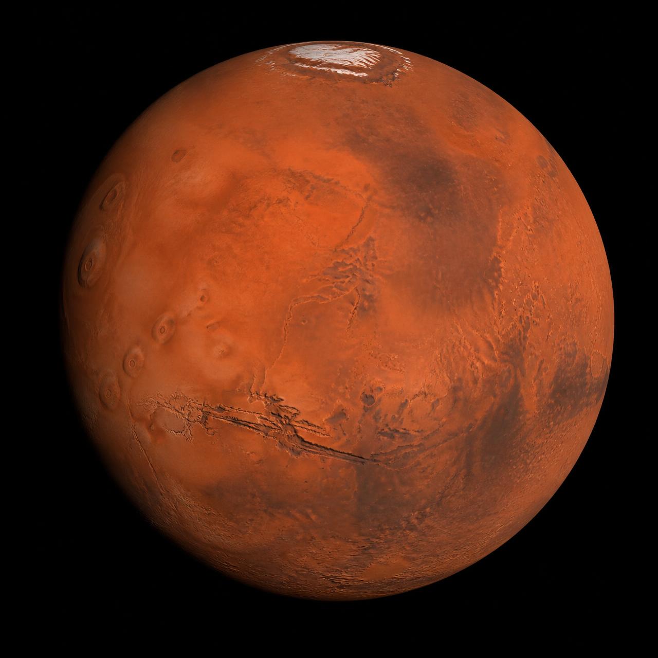 Planet Mars with Valles Marineris and polar cap