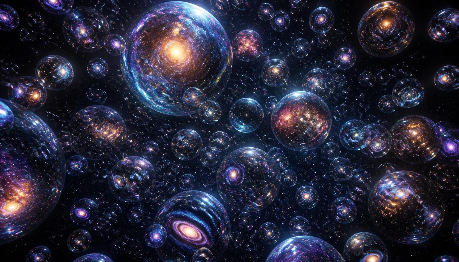 Countless bubble universes floating in the void, each holding its own galaxies
