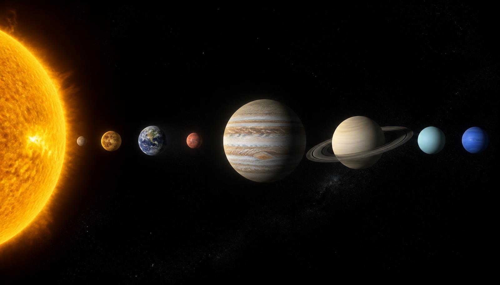The Sun and all eight planets aligned along the orbital plane
