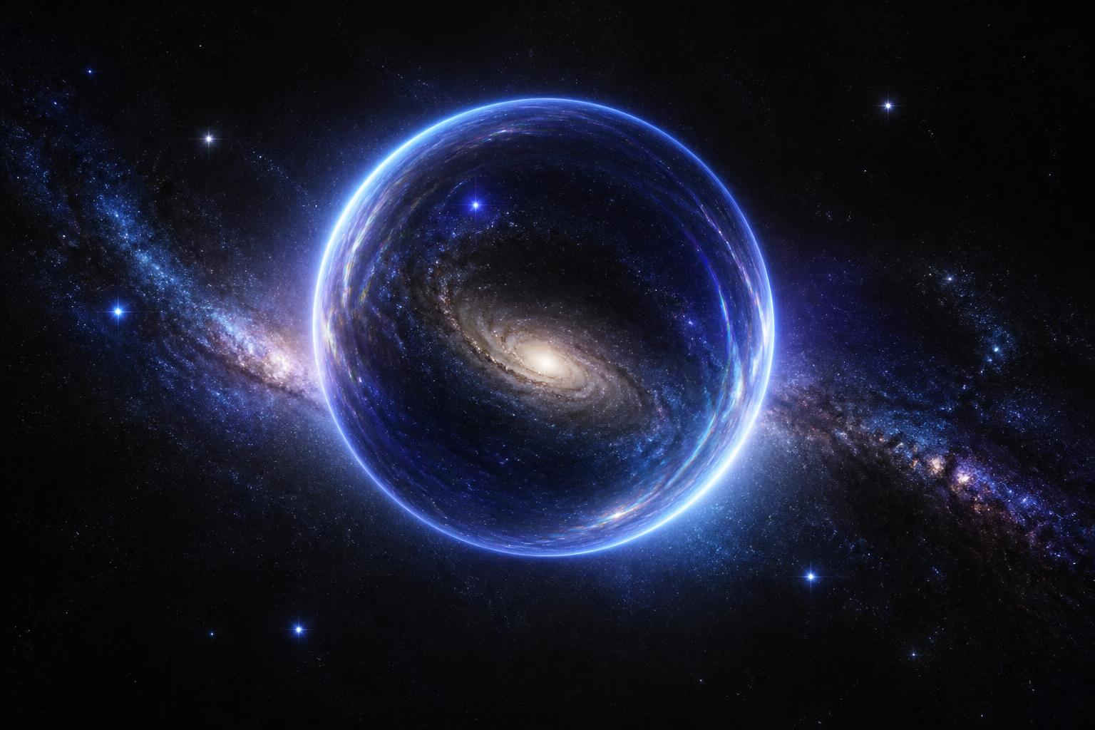 A wormhole bending starlight and revealing another galaxy